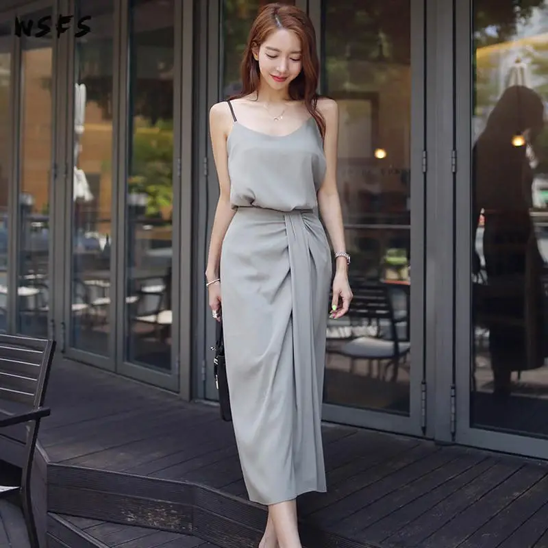 

2 Piece Set Summer Dress Strapless Condole Belt Tops Women Dresses Black Vintage Party Sexy Bodycon Bandage Midi Korean Clothes
