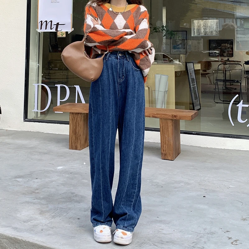 

Осенние повседневные свободные джинсовые брюки с широкими штанинами для женщин с высокой талией женские джинсовые синие брюки