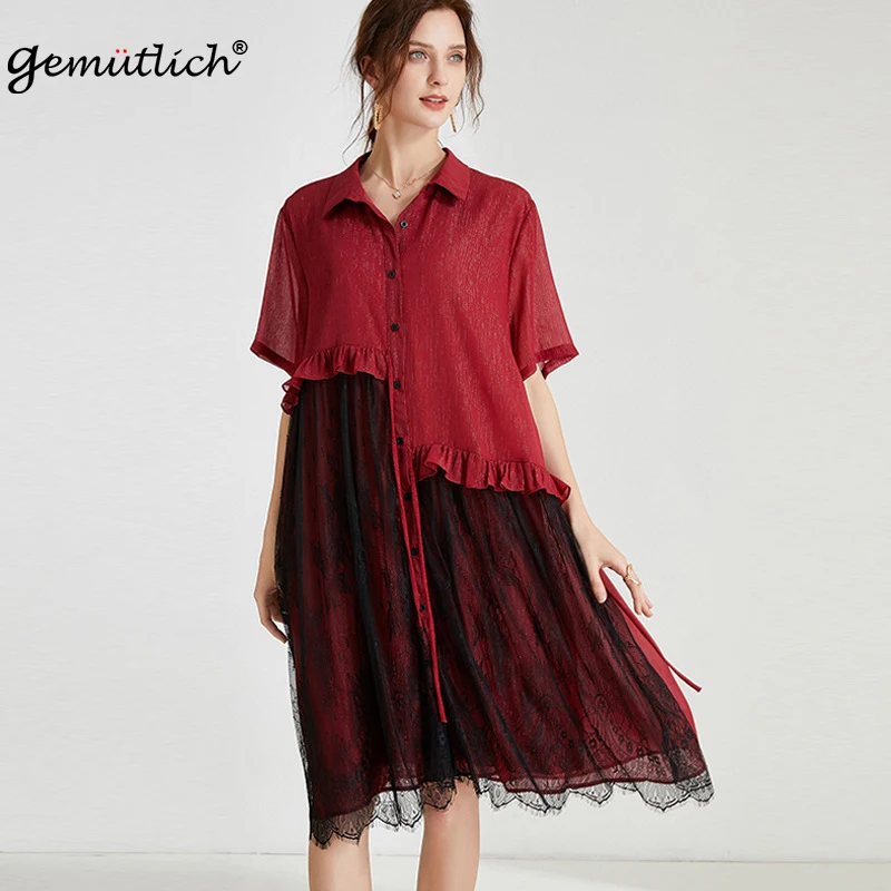 

GEMUTICH Women Big Size Lace Chiffon Patchwork Dress Short Sleeve Loose Turn-down Collar Ruffles Summer Dress Party