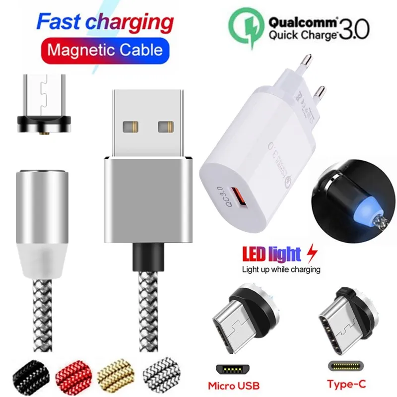 Быстрое зарядное устройство QC 3 0 Type C Micro LED Магнитный USB кабель для Samsung galaxy J4 J6 PLUS A6