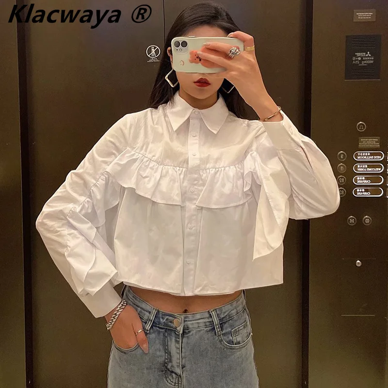 

Klacwaya Za Women's Shirt Long Sleeve Lapel Solid Color Grace Ruffles Laminated Decoration Shirt Lady Blouses New Spring Summer