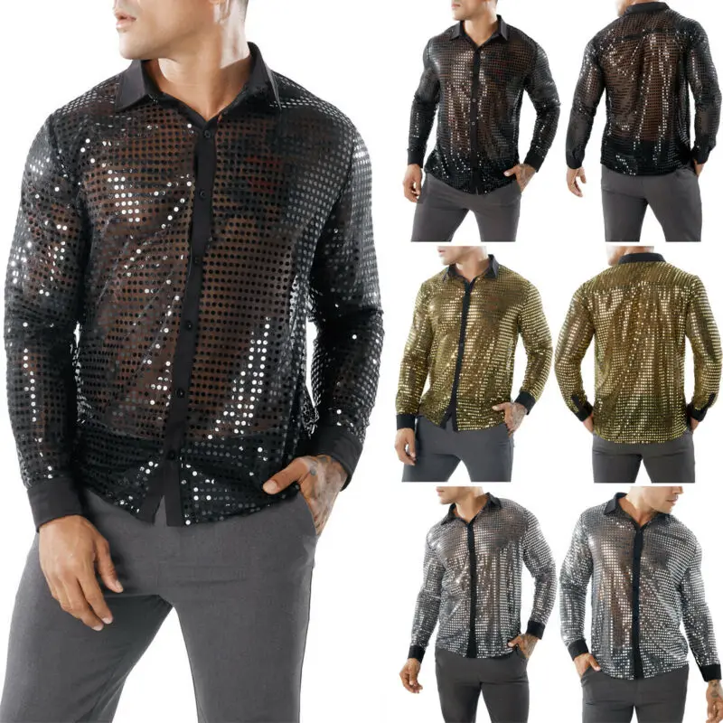 

UK Fashion Men Sequins Slim Fit Shirts Long Sleeve Casual Tops Nightclub Shirt