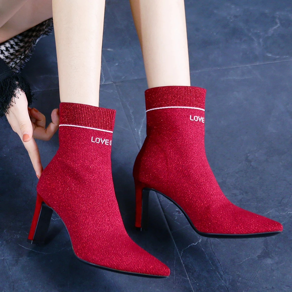 Пикантные красные женские модные вязаные носки с острым носком на толстом