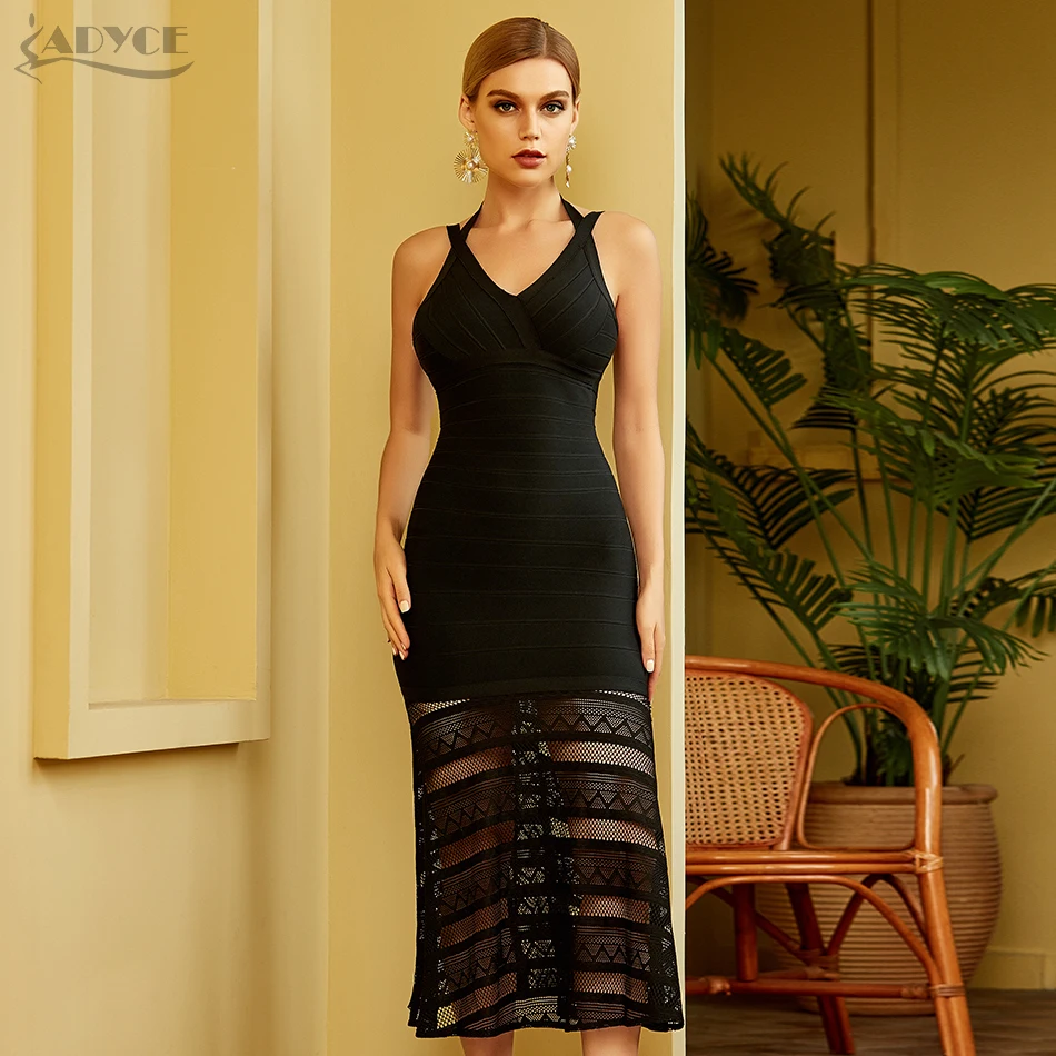 

Adyce New Summer Women Black Bodycon Bandage Dress Sexy Sleeveless Hollow Out Mid-Calf Club Celebrity Evening Runway Party Dress
