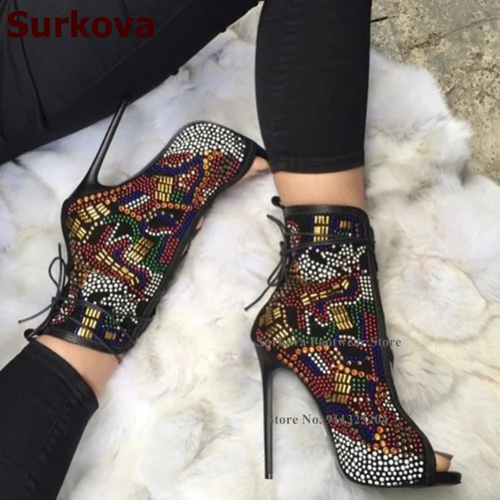 Surkova Bling Bling Multi-Color Crystal Ankle Boots Stiletto Heels Open Toe Lace-up Rhinestone Booties Colorful Glitter Pumps