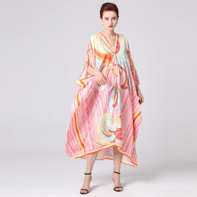 Fashion 2020 Summer New Printed V-neck Sexy Bohemian silk maxi dress Loose Streetwear lady long dress