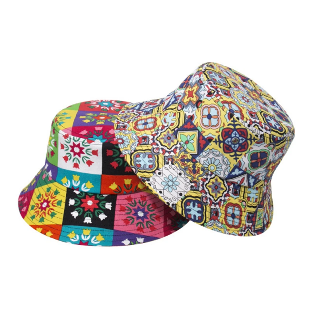 

HanXi Fashion Ethnic Print Bucket Hats Summer Women Traveling Fisherman Cap Beach Sun Hat Street Headwear