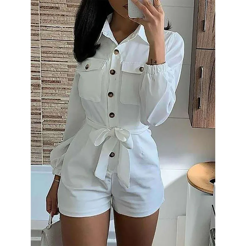 Женский комбинезон с отложным воротником элегантный белый офисный длинным