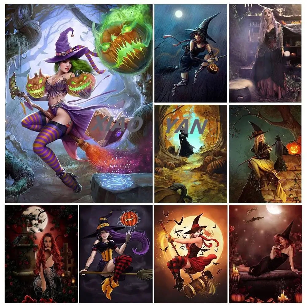 

Квадратные круглые камни, Алмазная мозаика ведьмы, полная Алмазная вышивка, Хэллоуин с вышивкой крестиком, мультяшный декор, украшение для ...