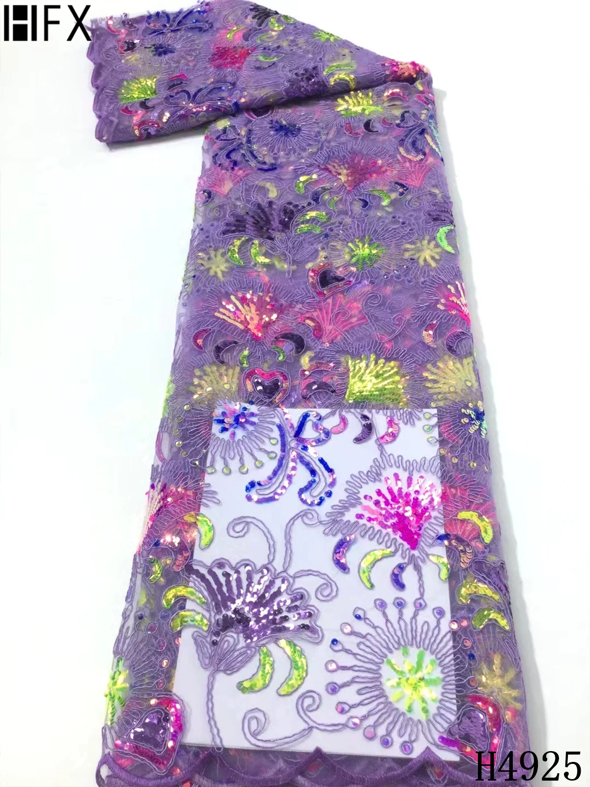 

HFX Orange Sequins French Tulle Lace Fabric 2021 High Quality Embroidered African Net Lace Fabric For Evening Party Dress F4925