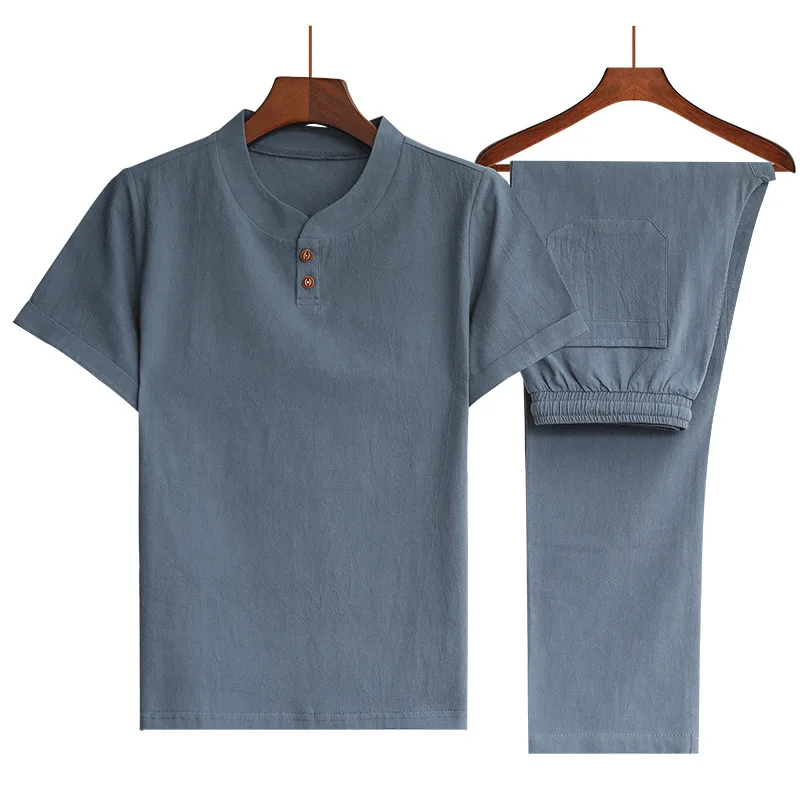 

New Arrival Summer Style Men Boutique Two-piece Cotton and Linen Shirt High Quality Solid Men's Leisure Shirt (Shirt+Pants)M-5XL