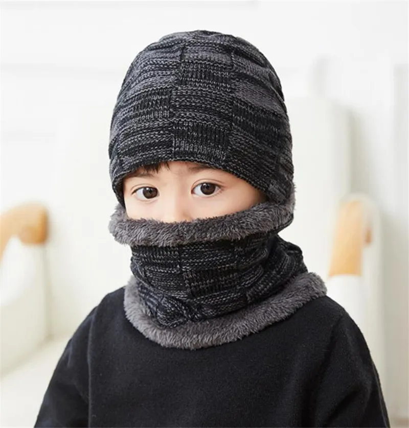 Детская зимняя вязаная шапка шарф комплект для мальчиков и девочек плюшевая