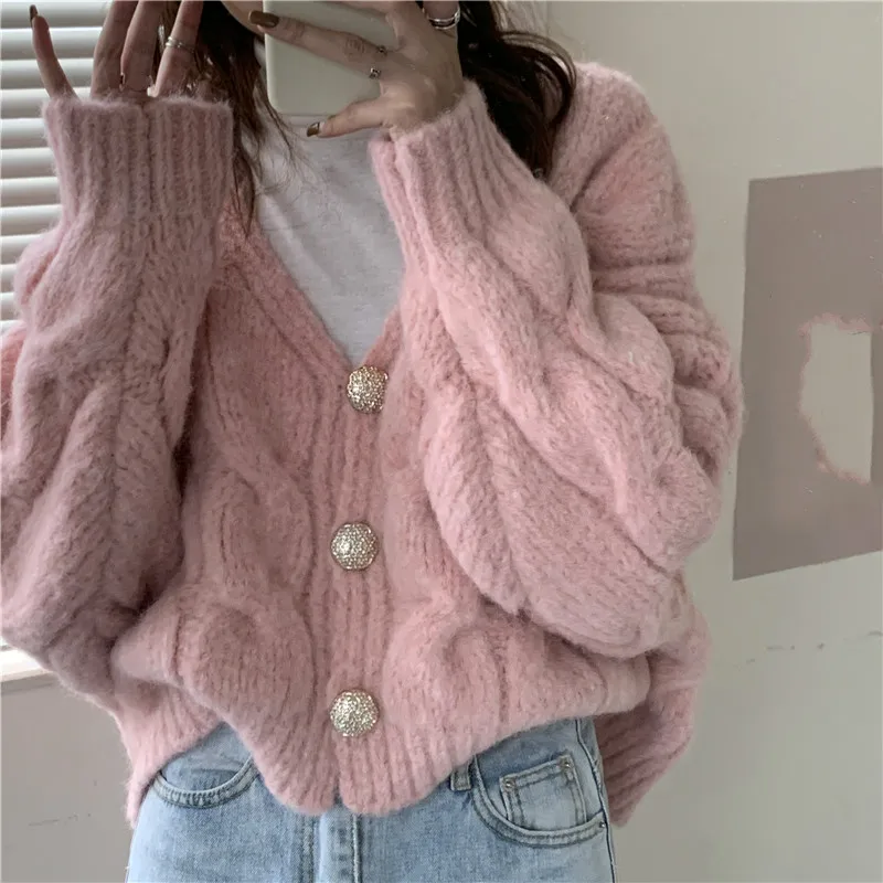 

Теплый свитер, Женская однотонная толстая верхняя одежда с V-образным вырезом, Осень-зима 2020, нежный милый Свободный вязаный кардиган для де...