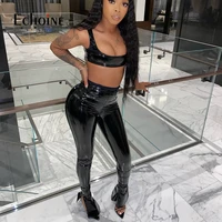 echoine women winter pu faux leather sexy 2 piece set low neck sleeveless crop top and flare bottom pant suits club party outfit
