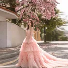 Платье для фотосессии розовое Пышное садовое платье с длинным шлейфом многослойное Тюлевое платье с открытой спиной Экстра яркое платье для женщин