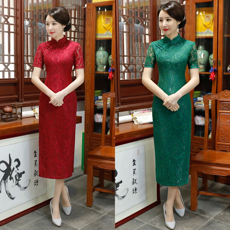 2021 Spring New Women's Cheongsam Dress Improved Cheongsam Lace Retro Daily Chinese Style Etiquette Qipao Chinese Wedding Dress