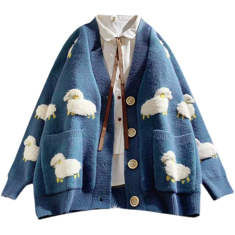 

Winter Warm Knited Sweaters 2021 New Fashion Women Long Sleeve 3D Animals Print Big Pocket Buttons Oversize Casual Cardigans