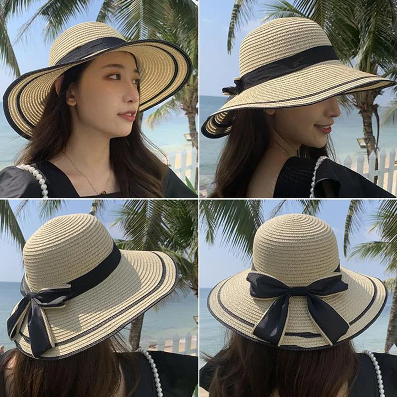 Гибкая соломенная шляпа летняя женская пляжная складная с широкими полями и