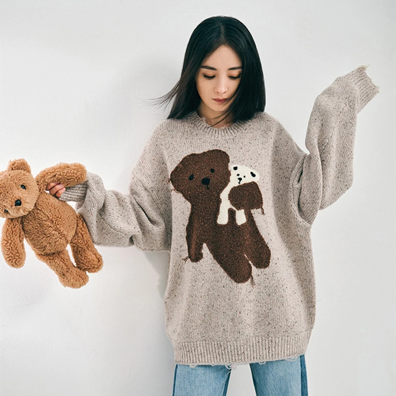 

Женский свободный Свитер оверсайз, теплый пуловер с рисунком мишки тедди, вязаный жаккардовый джемпер, зима 2020
