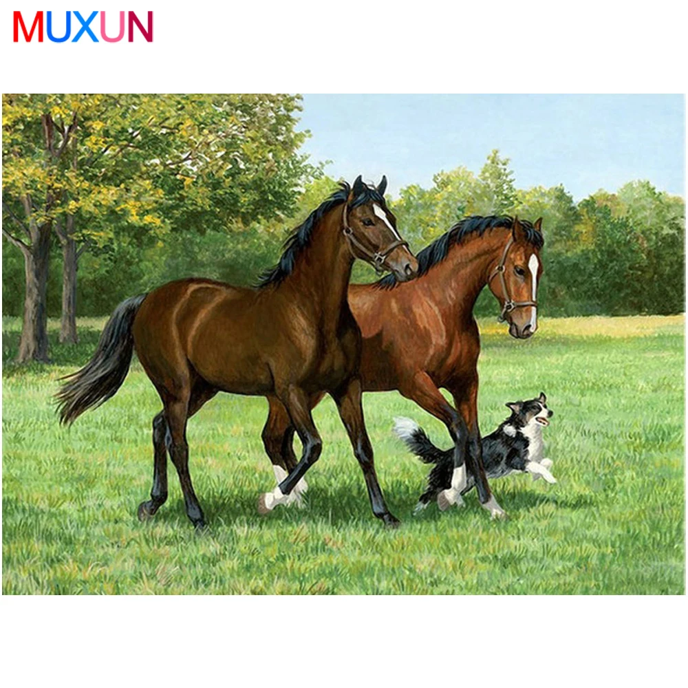 MUXUN 5d алмазная живопись сделай сам луг Пара лошадей вышивка стразы крестиком