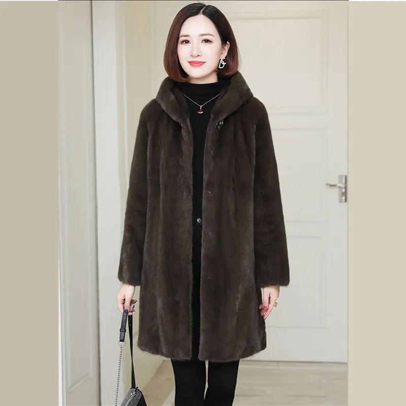 Женское пальто из норки повседневное искусственного меха с отворотом и