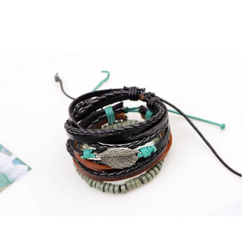 3 шт./компл. черные кожаные булочки Мужская мода панк-Веревка Плетеный лист