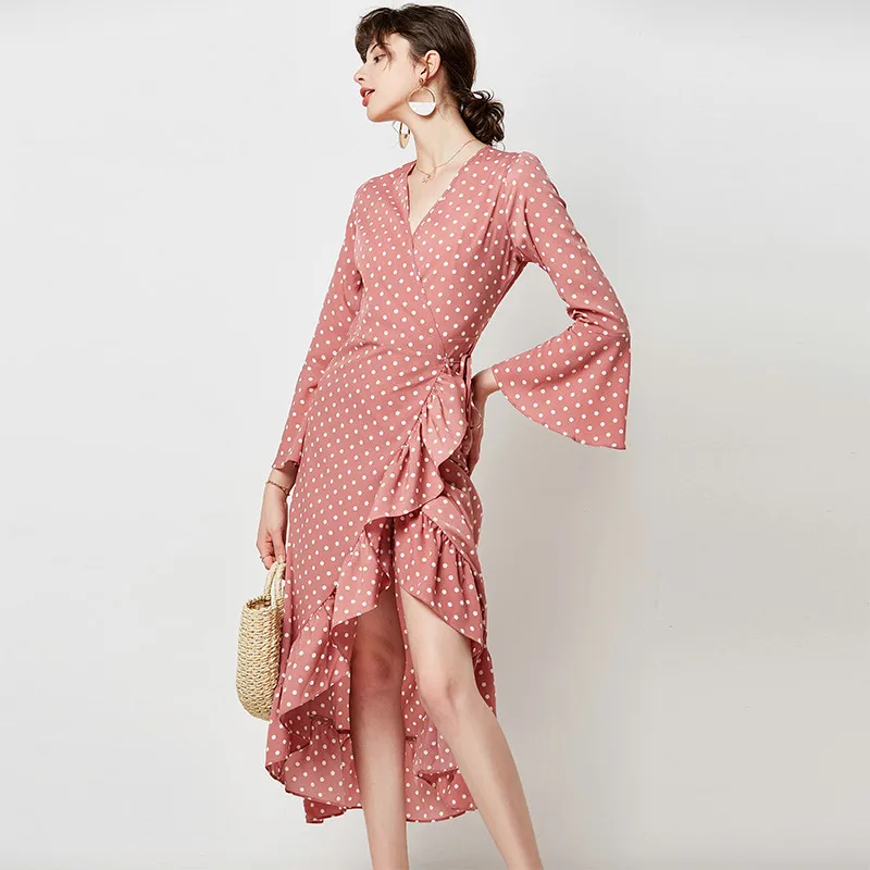 Женское длинное платье-туника HiloRill Повседневное платье в горошек с оборками