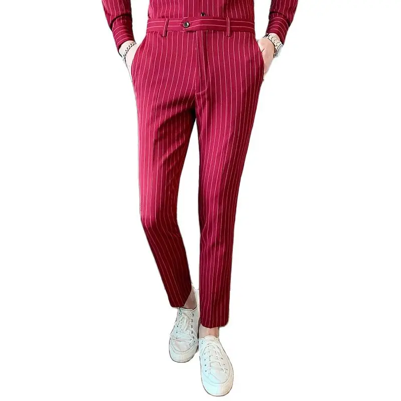 Высокое качество мужской костюм в полоску брюки тонкие подходящие деловые