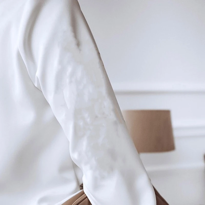 

Office Ladies Blouse Fashion Stand Collar Long Sleeve Button Woman Top Casual New Solid Elegant Fall Blouse