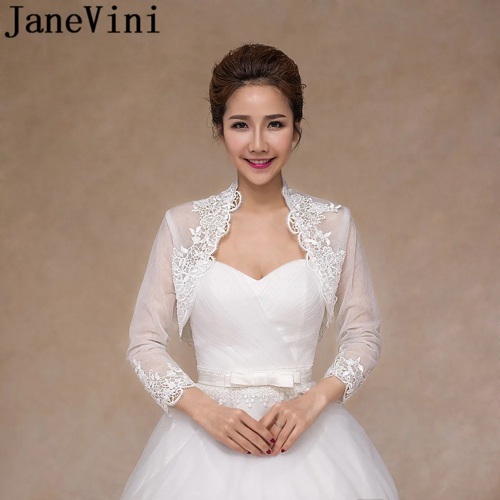 JaneVini 3/4, длинный рукав, Женская куртка, Кружевная аппликация, свадебное пальто, белая прозрачная Свадебная накидка для невесты, шаль, болеро, накидка-палантин