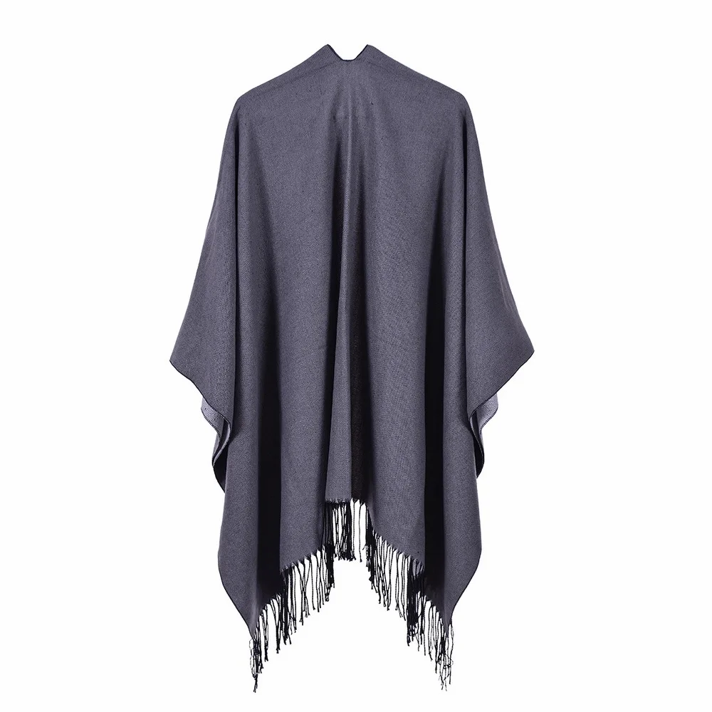 

European And American Street Ladies Autumn And Winter Wild Air-conditioned Room Warm Plain Fringed Shawl Cape Computer Knitted