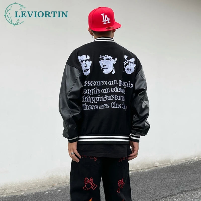

Hip Hop Men's Japanese Baseball Jacket Women Oversized Streetwear Embroidered Portrait Patchwork Leather Varsity Bomber Jackets