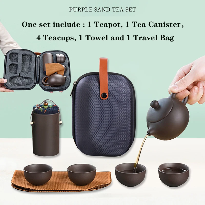 

Purple Clay Teapot Set Portable Tea Canister Cups Outdoor Travel Gaiwan Teacups Tea Infuser Fine Gift Kung Fu Tea Set