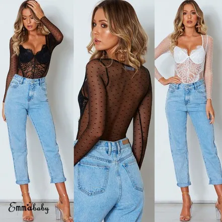 Новое Женское летнее боди с длинным рукавом сексуальное Сетчатое прозрачное