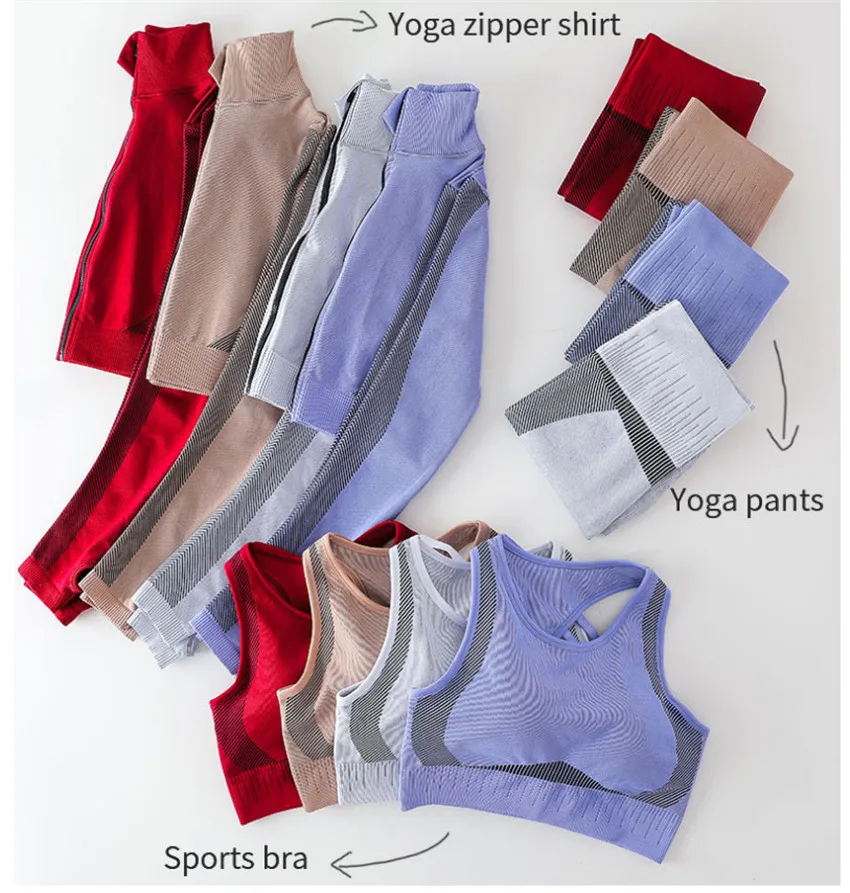 

New Seamless Sportswear Yoga Clothes Zipper Three-piece Suit Stand-up Collar Buttocks Elastic Fitness Sports Yoga Clothes DS158