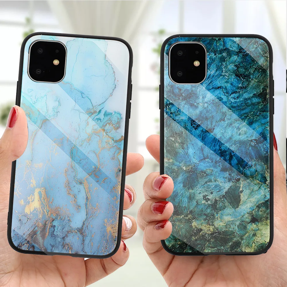 Для iPhone 11ProMax чехол из закаленного стекла противоударный мраморный Цветной