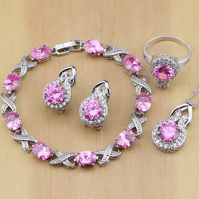 

Lovely Pink Cubic Zirconia 925 Silver Jewelry Sets For Women Wedding Earrings/Pendant/Necklace/Rings/Bracelet