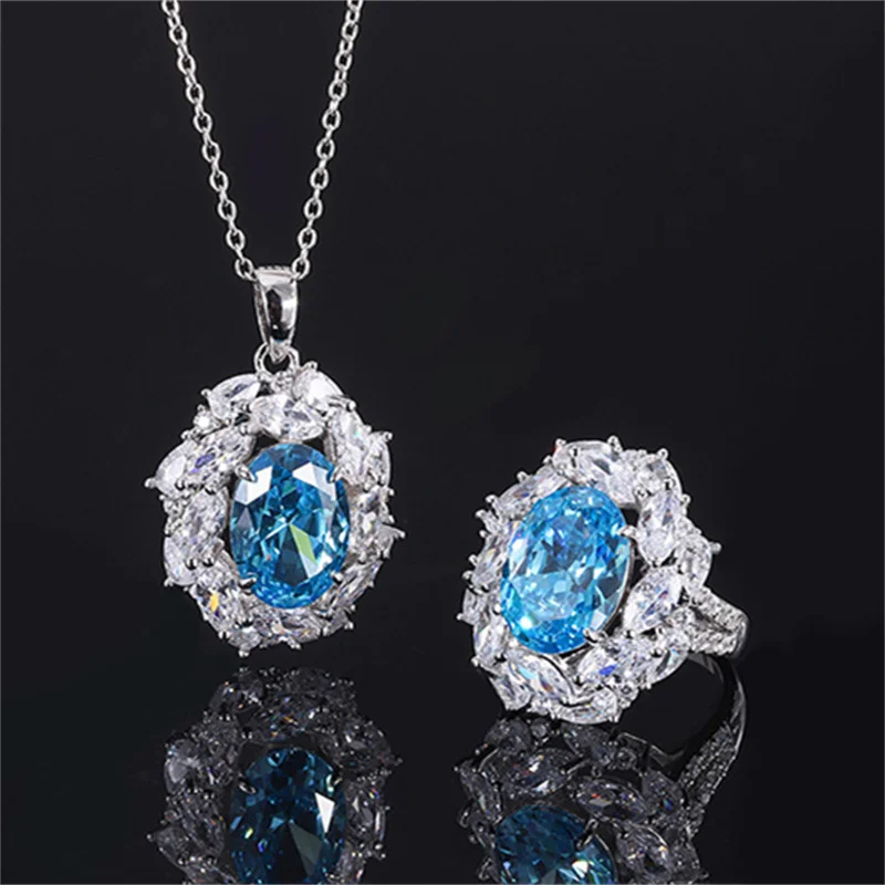 

QTT Oval Pendant Necklace Ring Set for Women Blue Crystal Zircon Jewelry Sets Female Wedding Engagement Jewelry