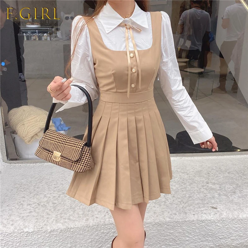 

Patchwork Ruched Mini Dress Shirt Puff Long Sleeve Lolita Vestidos Cortos A-Line Kawaii Party Black Korean Cute 2021 Spring Fall