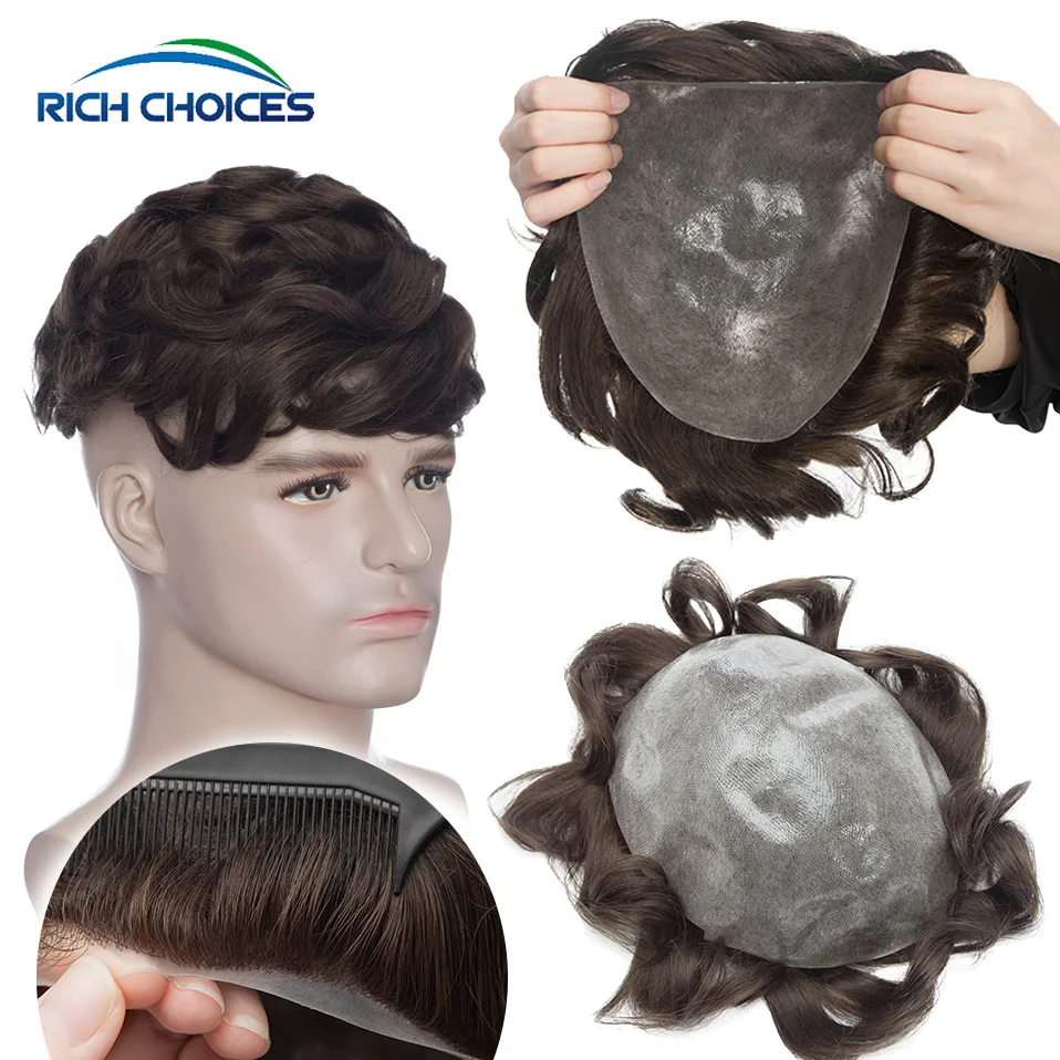 Men's Natural Hair Wig Full PU 0.08mm Capillary Prosthesis European Human Hair Transparent Toupee Man Hair Replacement System