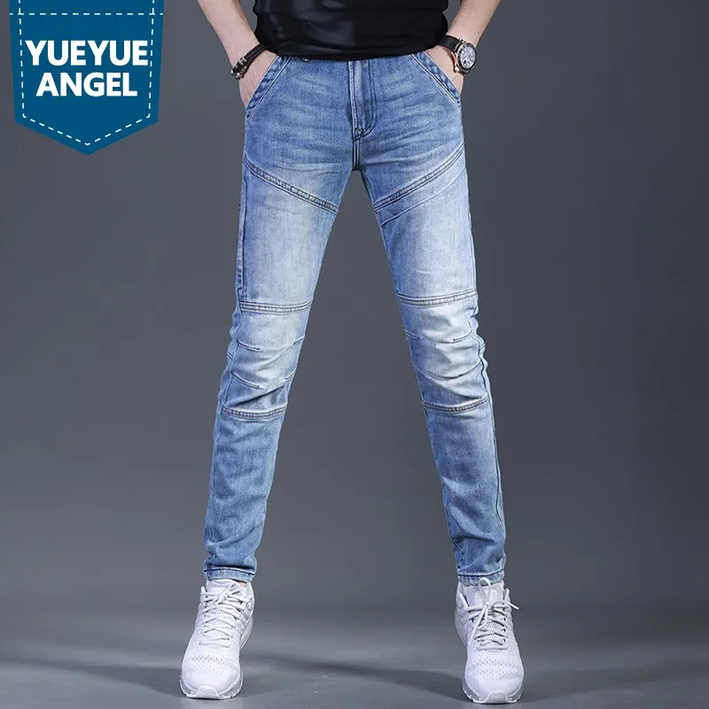 

Designer Men Spliced Slim Jeans Spring Summer New Thin Cowboy Pencil Pants Preppy Style Biker Zipper Casual Denim Trousers