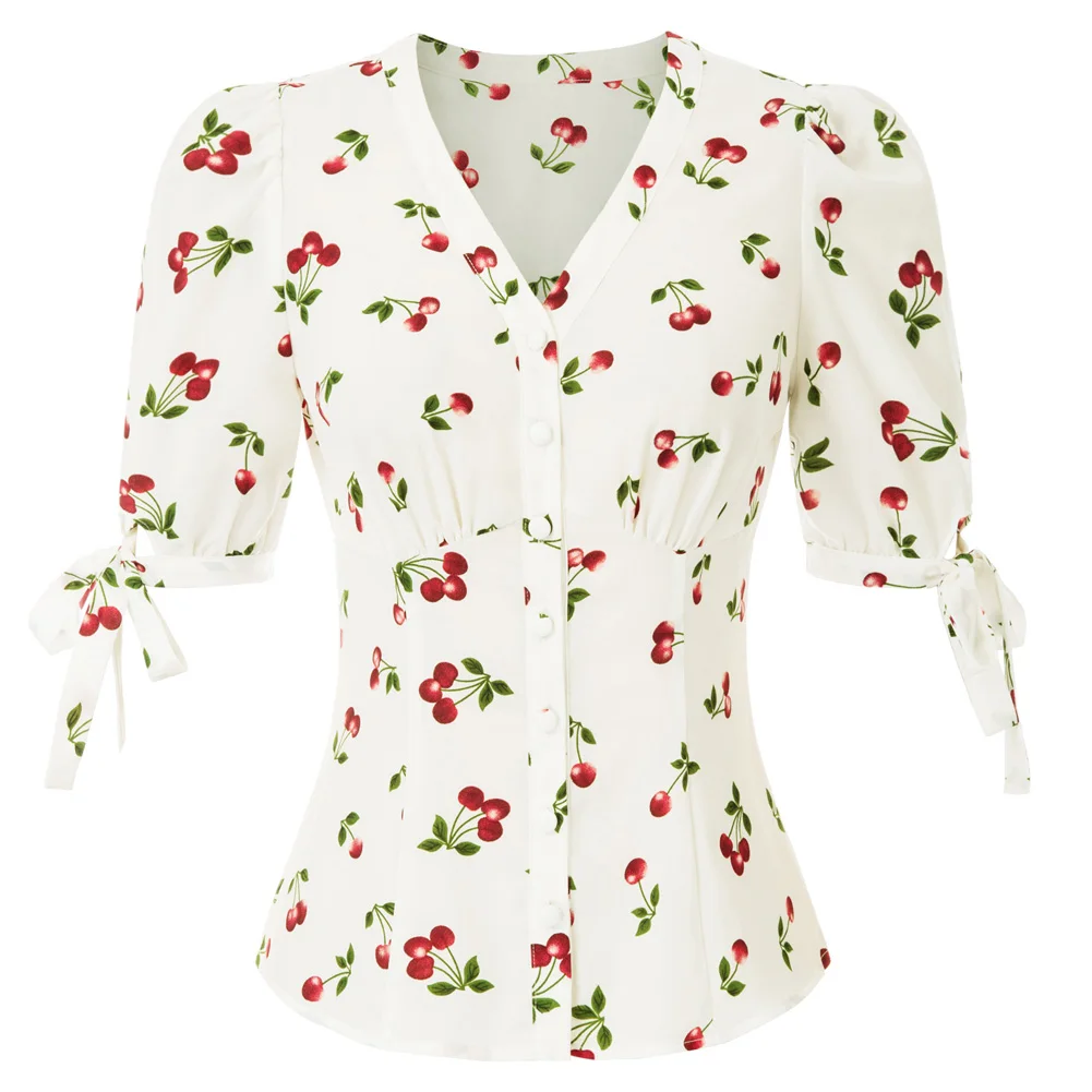 Женская рубашка с рисунком вишни топы короткими рукавами фонариками v образным
