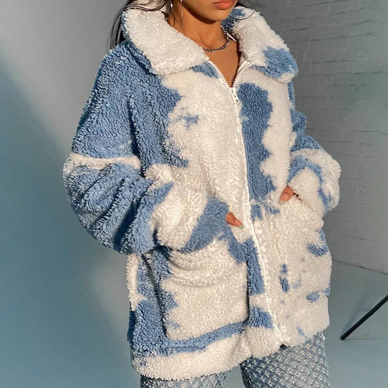 Blue Winter Tie Dye Print Lambswool Jackets for Women Vintage Harajuku Cozy Faux Fleece Coats Oversized Casual Jackets Zipper Up