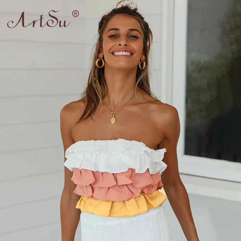 Женский пляжный бюстье ArtSu розовый укороченный топ в стиле бохо с открытыми