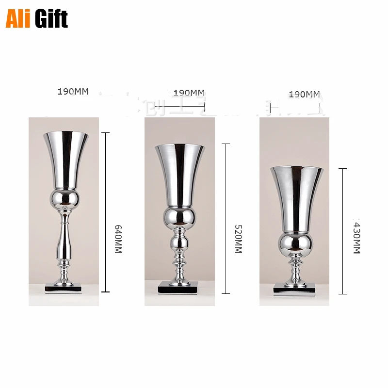 

43/52/64cm Sliver Iron Luxury Candlestick Flower Vase Table Centerpiece Event Flower Rack Road Lead Wedding Decoration