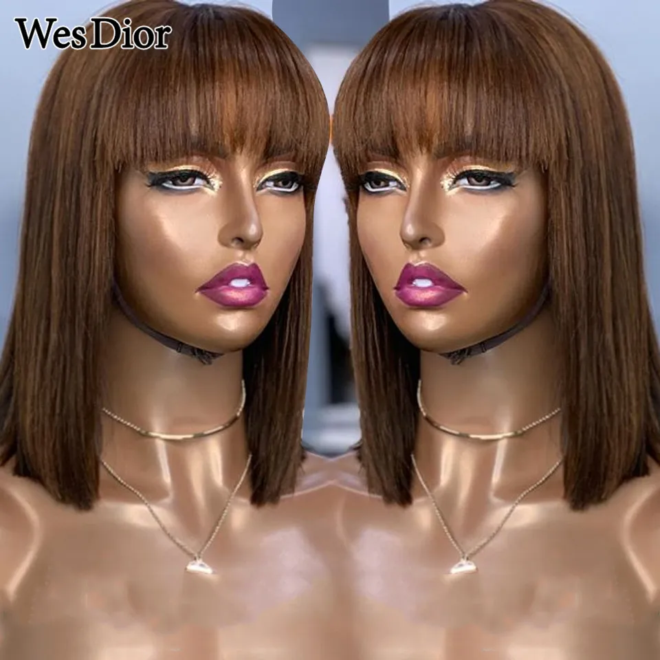 Colored Straight Short Bob Wig With Bangs Brazilian Brown Full Machine Made Human Hair Wigs For Women Glueless Density 180 Remy enlarge