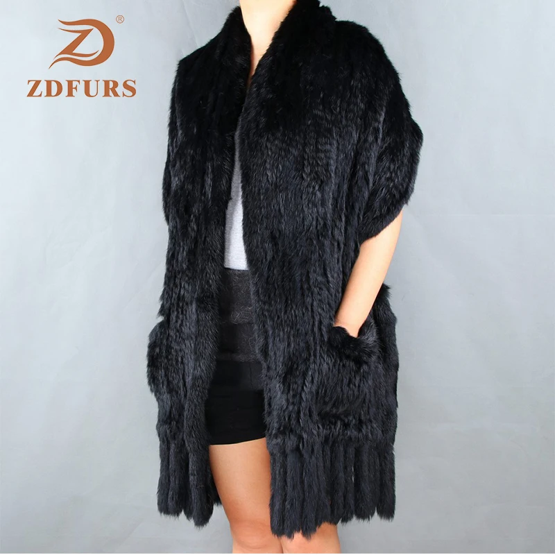 ZDFURS* роскошный женский настоящий вязаный кроличий мех шарфы с кисточками женские пашмины шарфы осень зима женские меховые шали