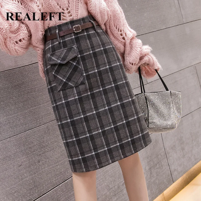 REALEFT осень зима шерстяная теплая клетчатая юбка миди с поясом Женская винтажная
