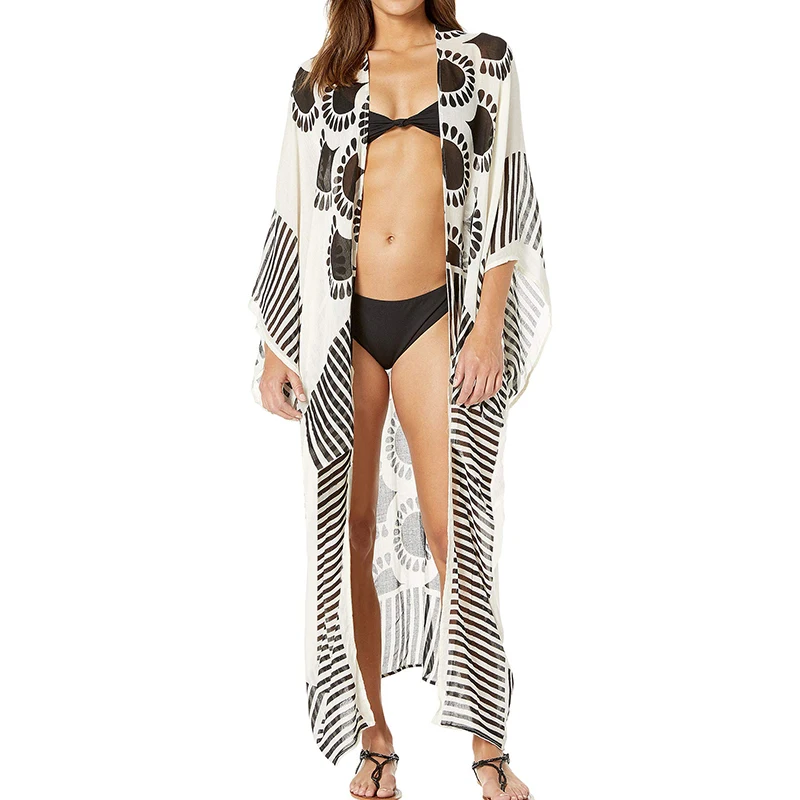 Шифоновое пляжное макси-платье с принтом саронг Пляжное Кимоно размера плюс