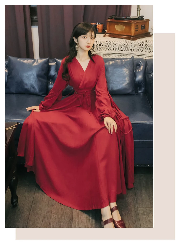 YOSIMI Maxi Chiffon Red Long Women Dress Bohemian V-neck Lantern Sleeve Full Sleeve Ankle-lenght Female Dress with Sashes